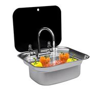 RV Lavabo à main en acier inoxydable pour caravane ou bateau avec robinet plié Couvercle en verre trempé Accessoires de remorque pour camping-car (évier avec robinet)