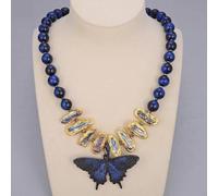 RVBLRDSE Round Blue Tiger Eye Gold Edge Black Biwa Pearl Necklace Butterfly Pendant 20" for women For Women