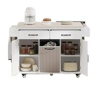 RVIFY Chariot de Rangement à roulettes Îlot de Cuisine avec Armoire de Rangement à abattant et Poubelle, Organisateur de Chariot de Cuisine avec tiroir Chariots de Service(White)