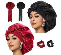 RVLZKCPG 2 Pièces Bonnet Satin Cheveux Nuit, Bonnet Soie Cheveux Nuit et 2 Elastiques à Cheveux, Bonnet en Satin pour Cheveux Nuit (Rouge, Noir)