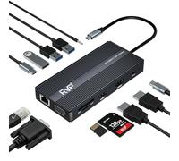 RVP+ Station d'accueil USB C 3 moniteurs, 12 en 1, triple affichage, double moniteurs HDMI 4K et VGA, transfert de données USB-C/A 5 Gbit/s, USB 3.0, chargement d'ordinateur portable 100 W, Gigabit