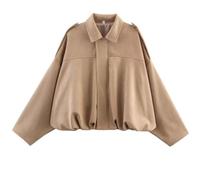 RVUEM Blouson Aviateur en Simili-Daim pour Femme, Manteau Aviateur Court DéContracté à Revers, Manches Longues Oversize, Blousons De Moto, VêTements D'ExtéRieur 2025,Kaki,XS