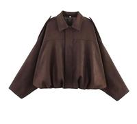 RVUEM Veste en SuéDine, Manches Longues Oversize pour Femme, Manteau Aviateur Court DéContracté à Revers, Vestes De Moto Oversize, pour Le Printemps Et L'Automne,café,XS