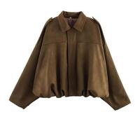 RVUEM Veste en SuéDine, Manches Longues Oversize pour Femme, Manteau Aviateur Court DéContracté à Revers, Vestes De Moto Oversize, pour Le Printemps Et L'Automne,Maroon,L