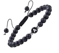 RWGSNB Bracelet en Pierre Naturelle, Bracelet Agate Noire Mate Avec Initiales Délicates la Lettre Az Corde Tressée Réglable Perles Reiki Cristaux Bijoux Cadeau pour Femmes et Hommes Lettre A
