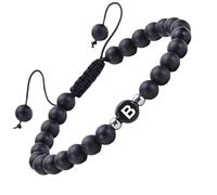 RWGSNB Bracelet Femme Pierre Naturelle, Bracelet Agate Noire Mate Avec Initiales Délicates la Lettre Az Corde Tressée Réglable Perles Reiki Cristaux Bijoux Cadeau pour Femmes et Hommes Lettre B