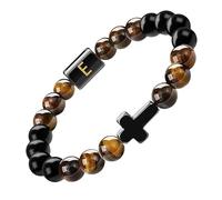 RWGSNB Bracelet Femme Pierre Naturelle, Bracelet Croix Avec Lettres pour Couples Lettre Az Pierre Précieuse Naturelle Initiale Bangle Perlé Agate Noire Œil Tigre Extensible Cristal Bijoux Cadeau