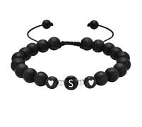 RWGSNB Bracelet Pierre Femme, Bracelet Personnalisé Avec Initiales pour Couples Perles D'Agate Noire Mate Pierres Précieuses Corde Tressée Faite À la Main Lettres Az Bijoux Cristal Cadeau Lettre