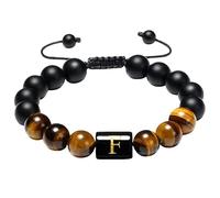 RWGSNB Bracelet Pierre Femme, Bracelets Perles Initiales pour Femmes Hommes 10 Mm Bangle Pierre D'Agate Noire Mate Œil Tigre Lettres Az Corde Tressée Réglable Bangle Précieuses Bijoux Cadeaux Le