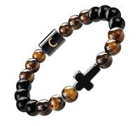 RWGSNB Bracelet Pierre Naturelle, Bracelet Croix Avec Lettres pour Couples Lettre Az Pierre Précieuse Naturelle Initiale Bangle Perlé Agate Noire Œil Tigre Extensible Cristal Bijoux Cadeau Lettre