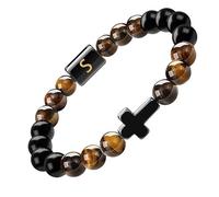RWGSNB Bracelet Pierre Naturelle, Bracelet Croix Avec Lettres pour Couples Lettre Az Pierre Précieuse Naturelle Initiale Bangle Perlé Agate Noire Œil Tigre Extensible Cristal Bijoux Cadeau Lettre