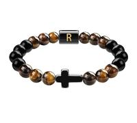 RWGSNB Bracelet Pierre Naturelle, Bracelet Croix pour Homme et Femme Avec Lettre Az Obsidienne Œil Tigre Naturelle Extensible Perles Initiales Pierres Précieuses Bangle Méditation Yoga Bijoux Cri