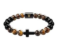 RWGSNB Bracelet Pierre Naturelle, Bracelet Croix pour Homme et Femme Avec Lettre Az Obsidienne Œil Tigre Naturelle Extensible Perles Initiales Pierres Précieuses Bangle Méditation Yoga Bijoux Cri