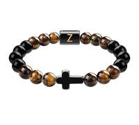 RWGSNB Bracelet Pierre Naturelle, Bracelet Croix pour Homme et Femme Avec Lettre Az Obsidienne Œil Tigre Naturelle Extensible Perles Initiales Pierres Précieuses Bangle Méditation Yoga Bijoux Cri