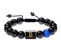 RWGSNB Bracelet Pierre Naturelle, Bracelets Agate Noire Naturelle Avec Lettres Az Bangle Personnalisés Avec Initiales Bangle Ajustables Cristal Tressé Bijoux Cadeaux pour Femmes et Hommes Lettre B