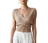 RWGSNB Gilet D'Été pour Femme col V Cache-Cœur Blouse en Maille à Épaules Tombantes et Manches Courtes Débardeur Élégant à Fronces Croisées T-Shirt Décontracté Chic pour Le Quotidien Cam
