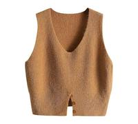 RWGSNB Gilet sans Manche Femme, Gilet Tricoté À col V pour Femme Pull Court Simple Maille Torsadée Fente sur Le Devant Bouton sans Manches Chaud Automne Décontracté Basique Marron Taille L