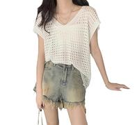 RWGSNB Gilet Tricot, Débardeur Crochet pour Femme Pull À Manches Courtes Maille Transparente Ajourée Léger et Décontracté Idéal Plage Au Quotidien pour Les Rendez Vous Galants Blanc Taille L