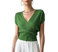 RWGSNB Hauts Cache-Cœur Froncés pour Femme Gilet D'Été Élégant Débardeur en Maille Froncée à Manches Courtes Blouse Décontractée T-Shirt Pull Vert Taille L