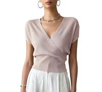 RWGSNB Hauts Cache-Cœur Froncés pour Femme Gilet D'Été Élégant Débardeur en Maille Froncée à Manches Courtes Blouse Décontractée T-Shirt Pull Lilas XL