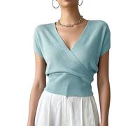 RWGSNB Hauts Cache-Cœur Froncés pour Femme Gilet D'Été Élégant Débardeur en Maille Froncée à Manches Courtes Blouse Décontractée T-Shirt Pull Bleu Clair Taille M