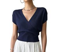 RWGSNB Hauts Cache-Cœur Froncés pour Femme Gilet D'Été Élégant Débardeur en Maille Froncée à Manches Courtes Blouse Décontractée T-Shirt Pull Bleu Royal Taille XS