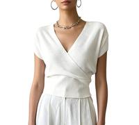RWGSNB Hauts Cache-Cœur Froncés pour Femme Gilet D'Été Élégant Débardeur en Maille Froncée Croisée Blouse en Maille à Manches Courtes T-Shirt Décontracté Affaires Pull Blanc Taille L
