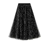 RWGSNB Jupe Midi Pailletée pour Femme Doublée Taille Haute Coupe Trapèze Jupon en Tulle À Sequins Pailletés pour Soirées Concerts Cocktails en Boîte de Nuit Ou en Soirée Cocktail Noire Taill