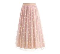 RWGSNB Jupes en Tulle pour Femmes Longues À Fleurs en Maille Taille Haute Coupe Trapèze Jupes Plissées Midi Vaporeuses pour Bal de Promo Quotidien Mariage Anniversaire Rose Taille S