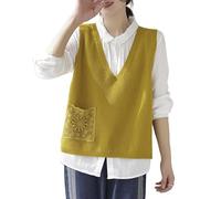 RWGSNB Pulls sans Manche Femme Gilet Tricoté Dentelle Brodée pour Pull Vintage sans Manches Couleur Unie Décontracté Ample pour L'Automne Porter Au Quotidien Jaune XL