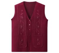 RWGSNB Pulls sans Manche Femme Gilet Tricoté sans Manches pour Femme D'Âge Moyen et Âgée Pull À Broderie Florale Style Décontracté Gilet Tricoté pour Grand Mère Débardeur Chaud Bordeaux Ta