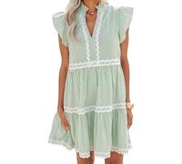 RWGSNB Robe Rayée Décontractée Femme Mini Robe Manches Courtes Papillon col en V Volants en Dentelle Taille Empire Bordures Contrastées Robe Trapèze avec Poches Idéale pour Vacances D'Été Ve