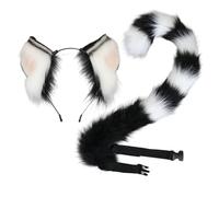 Rwigeboo Cat Ears and Tail, Furry Elastic Cat Ears Headband & Black White Tail with Adjustable Belt for Cosplay Party Halloween Costume