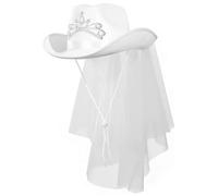 Rwigeboo Chapeau de cow-girl de la mariée, chapeaux cow-girl célibataire blanc avec voile, tenues cowboy pour femmes décorations fête bachelorette, fournitures douche nuptiale, chapeau ma