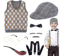 Rwigeboo Costume de vieil homme pour enfants, amusant 100 jours, le costume de vieil homme comprend un chapeau, des lunettes, un gilet et plus, enfant rôle pour enfants grand-père pour la fête, pour