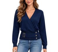 RWKRK Pull Cache-Cœur Femme Col V Manches Longues Boucle à la Taille | Encolure croisée, détails boutonnés, poignets et ourlet côtelés, coupe près du corps pour bureau, dîner, sortie et quotidien.