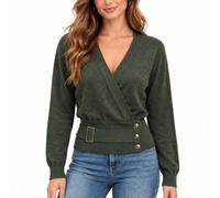 RWKRK Pull Cache-Cœur Femme Col V Manches Longues Boucle à la Taille | Encolure croisée, détails boutonnés, poignets et ourlet côtelés, coupe près du corps pour bureau, dîner, sortie et quotidien.