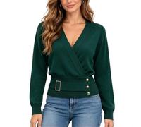 RWKRK Pull Cache-Cœur Femme Col V Manches Longues Boucle à la Taille | Encolure croisée, détails boutonnés, poignets et ourlet côtelés, coupe près du corps pour bureau, dîner, sortie et quotidien.