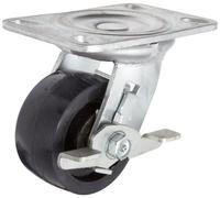 RWM Casters Roulette à plaque économique série 52, pivotante avec frein, roue en uréthane sur roue en fer, roulement à rouleaux, capacité de 317,5 kg, diamètre de roue de 10,2 cm, largeur de roue de 2