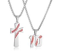 RWQIAN Lot de 2 colliers avec pendentif en forme de chiffre de baseball en acier inoxydable pour homme avec pendentif en forme de croix et numéro de baseball, I CAN DO ALL THINGS Strength Bible Verse