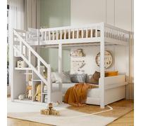 RWUDV Lit superposé, 90 x 200 cm, pour 2 enfants, simple, avec échelle et espace de rangement, lit mezzanine, avec sommier à lattes et armoire de rangement, en bois massif, fonctionnel, sans matelas