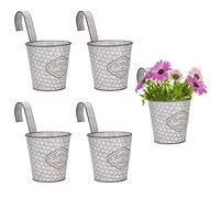 RWUDV Lot de 4 pots de fleurs à suspendre en fer avec trou de drainage, crochets amovibles, 13 cm, pots de fleurs rétro en métal galvanisé pour rail mural, clôture, balcon, jardin, intérieur et