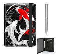 RWUTYTIUL Étui de passeport en cuir avec motif papillon pour homme et femme - Avec sangle élastique - Bloque RFID - Avec stylo, Poisson rouge et blanc