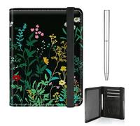 RWUTYTIUL Étui de passeport en cuir avec motif papillon pour homme et femme - Avec sangle élastique - Bloque RFID - Avec stylo, Fleurs sauvages vertes