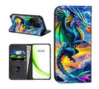 RWUTYTIUL Étui portefeuille à rabat pour TCL 605/60 SE 6,7" avec porte-cartes de crédit, coque magnétique antichoc avec emplacements pour cartes pratiques et béquille [blocage RFID], dragon vert