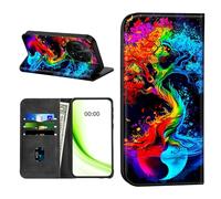 RWUTYTIUL Étui portefeuille à rabat pour TCL 605/60 SE 6,7" avec porte-cartes de crédit, coque magnétique antichoc avec emplacements pour cartes pratiques et béquille [blocage RFID], arbre bleu rouge