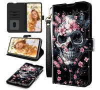 RWUTYTIUL Étui portefeuille pour AT&T Radiant Max 5G/Cricket Dream 5G avec 3 porte-cartes de crédit et dragonne, résistant aux chocs, emplacements pour cartes pratiques et béquille, motif tête de mort