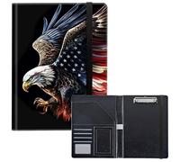 RWUTYTIUL Porte-bloc avec poche pour bloc-notes, porte-cartes de visite, porte-bloc en cuir, fermeture élastique, format lettre, pour bureau, étudiants, salle de classe, motif aigle drapeau noir