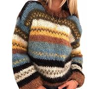 RWXXDSN Pull Arc-en-Ciel pour Femmes De La Mode Automne Et Hiver Col Rond Rayé DéContracté Chaud Pull en Tricot Femmes, Kaki, M