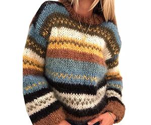 RWXXDSN Pull Arc-en-Ciel pour Femmes De La Mode Automne Et Hiver Col Rond Rayé DéContracté Chaud Pull en Tricot Femmes, Kaki, M